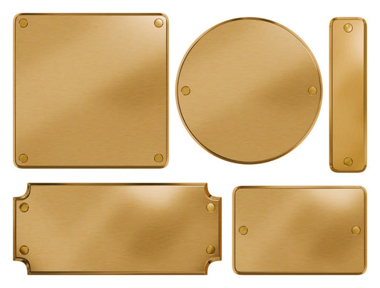 Brass metal nameplates in rectangular and circular shapes with mounting holes