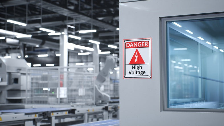 High-voltage warning sign mounted inside a modern industrial facility