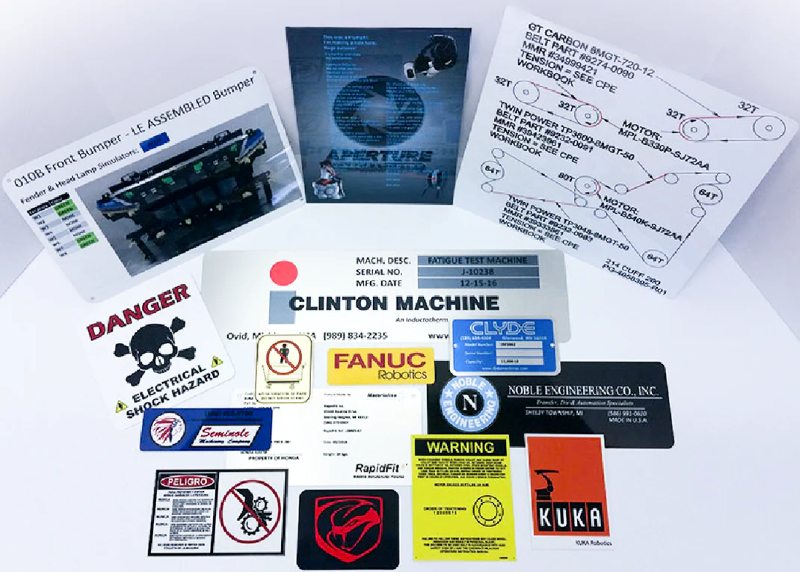 Industrial equipment labels, warning decals, machine nameplates, and technical diagrams displayed.