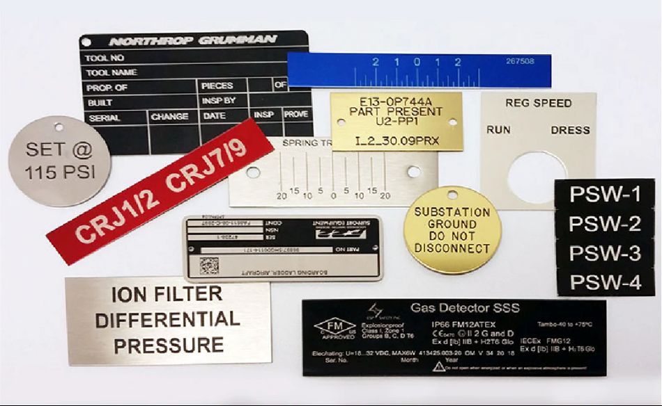 Industrial equipment nameplates, asset tags, control panel labels, and identification markers