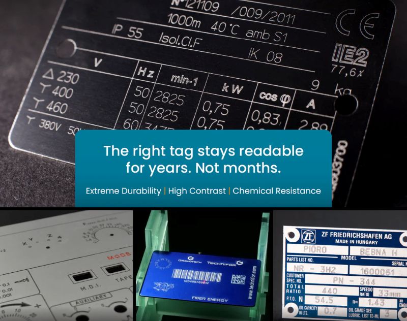 Durable industrial nameplates and equipment tags with high-contrast identification markings